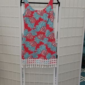 Lilly Pulitzer Coral and Blue Shell Print Dress with Tassel Hem